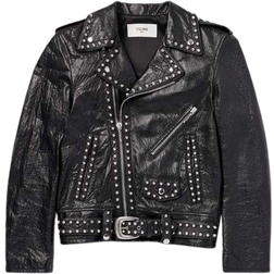 Celine Studded Belted Textured-Leather Jacket - Black