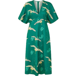 Yumi Crane Print Kimono Midi Dress - Green