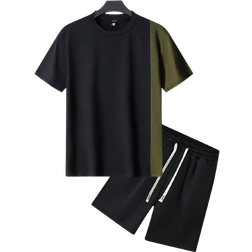 Shein Men's Summer Color Block Short Sleeve T-shirt And Shorts Set, Casual Pocket Drawstring Elastic Waistband Sports Outfit, 2pcs