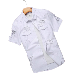 Shein Manfinity Homme Men's Short Sleeve Distressed Denim Shirt