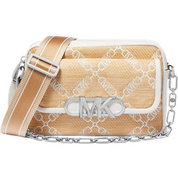 Michael Kors Parker Medium Straw Shoulder Bag with Empire Logo Pattern - Natural/Optic White
