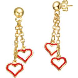 Rachel Glauber Double Heart Chain Drop Earrings - Gold/Red