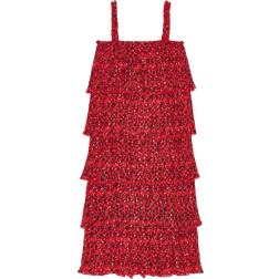 Ganni Pleated Georgette Flounce Strap Midi Dress - Red