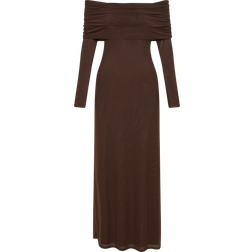 Meshki Josie Off Shoulder Mesh Maxi Dress - Dark Brown