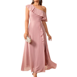 Shein SHEIN Belle Women's One Shoulder Long Dress With Ruffled Hem And Side Slit, Suitable For Bridesmaid Dress