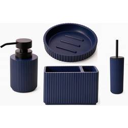 Textured 4 Pcs Dish, Toothbrush, Dispenser Toilet Brush Holder Set - Blue