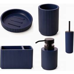 Textured 5 Pcs Dish Toothbrush Dispenser Tumbler Toilet Brush Holder Set - Blue