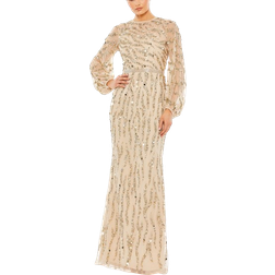 Mac Duggal Embellished High Neck Puff Sleeve Trumpet Gown - Nude Gold