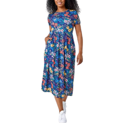 Roman Petite Floral Print Midi Stretch Dress - Navy