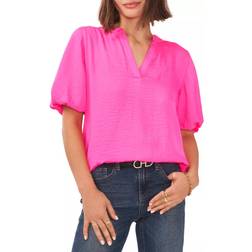 Vince Camuto V Neck Puff Sleeve Blouse - Hot Pink