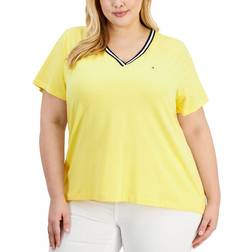 Tommy Hilfiger Contrast Trim V-Neck Top Plus Size - Snapdragon