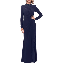 Betsy & Adam Jeanette Long Sleeve Stretch Knit Side Ruffle Dress - Navy