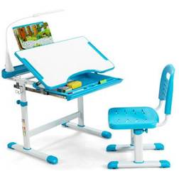 Costway Kids Height Adjustable Study Table & Chair Set w/Book Stand & LED Light