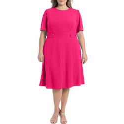 London Times Fit & Flare Scuba Crepe Midi Dress Plus Size - Bright Pink