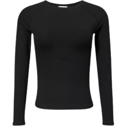 Adanola Ribbed Long Sleeve Stretch Woven Top - Black