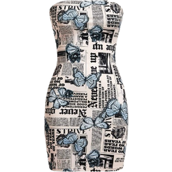 Shein EZwear Newspaper Butterfly Print Bodycon Strapless Dress