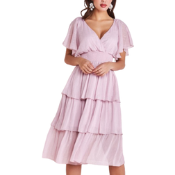 Goddiva Plain Lurex Chiffon Tiered Dress - Pink