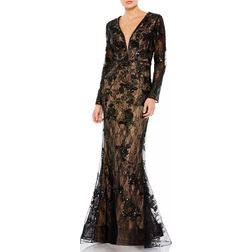 Mac Duggal Embellished Long Sleeve Plunge Neck Trumpet Gown - Black Nude