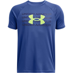 Under Armour Boy's UA Tech Wordmark Logo Short Sleeve - Tech Blue/Midnight Navy/Morph Green