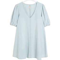 River Island Denim Puff Sleeve Smock Mini Dress - Blue