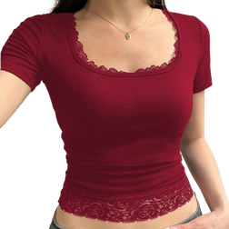 Shein Essnce Women's Summer Contrast Lace Square Neck Short Sleeve Slim Fit Red T-Shirt Top