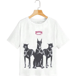 Shein EZwear Women's Summer Casual Letter & Dog Print Crew Neck Short Sleeve T-Shirt