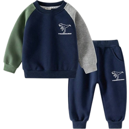 Shein Boys' Dinosaur Printed Long Sleeve Sweatshirt And Pants Set Toddler