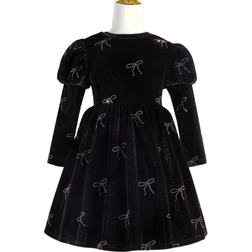 Shein Toddler Girls' Christmas Rhinestones Velvet Long Sleeve Dress With Bowknot Pattern, Suitable For Party, Black, Fit For Autumn And Winter