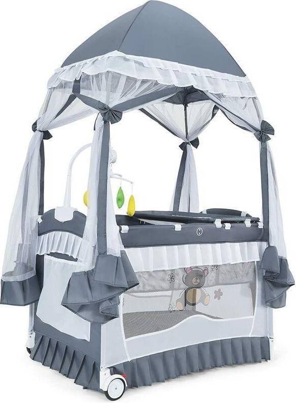 Costway Baby Cot, 4 in 1 Convertible Infant Bed with Detachable Canopy, Changing Table, Mosquito Net, Hanging Toys and Carry Bag, Foldable Bassinet for 0 to