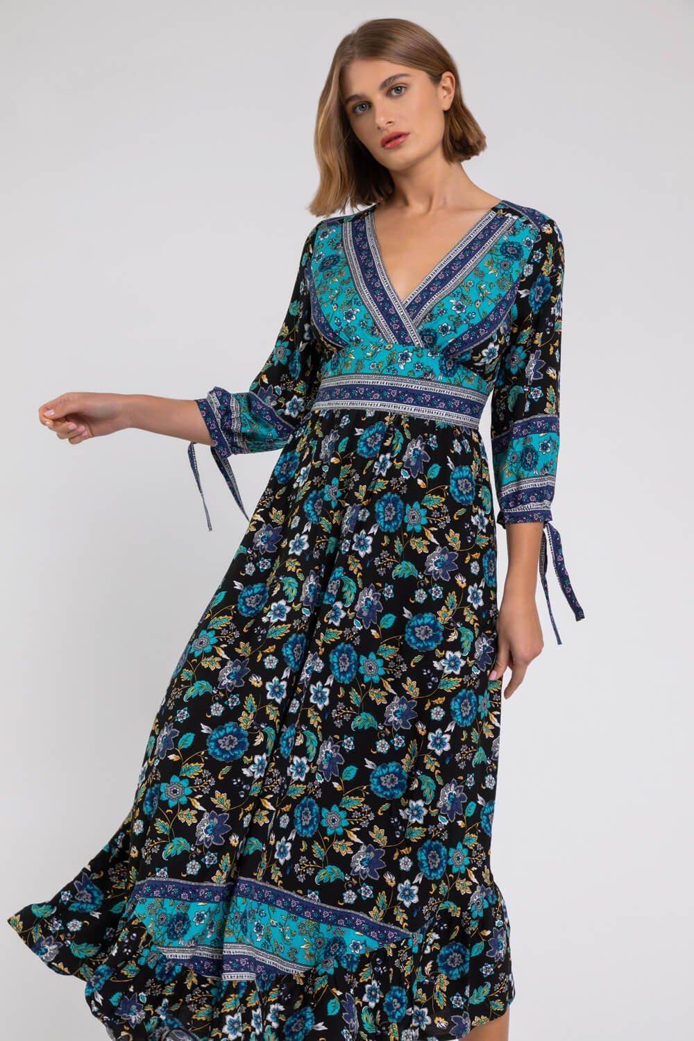 Roman Floral Border Print Maxi Dress - Black • Price