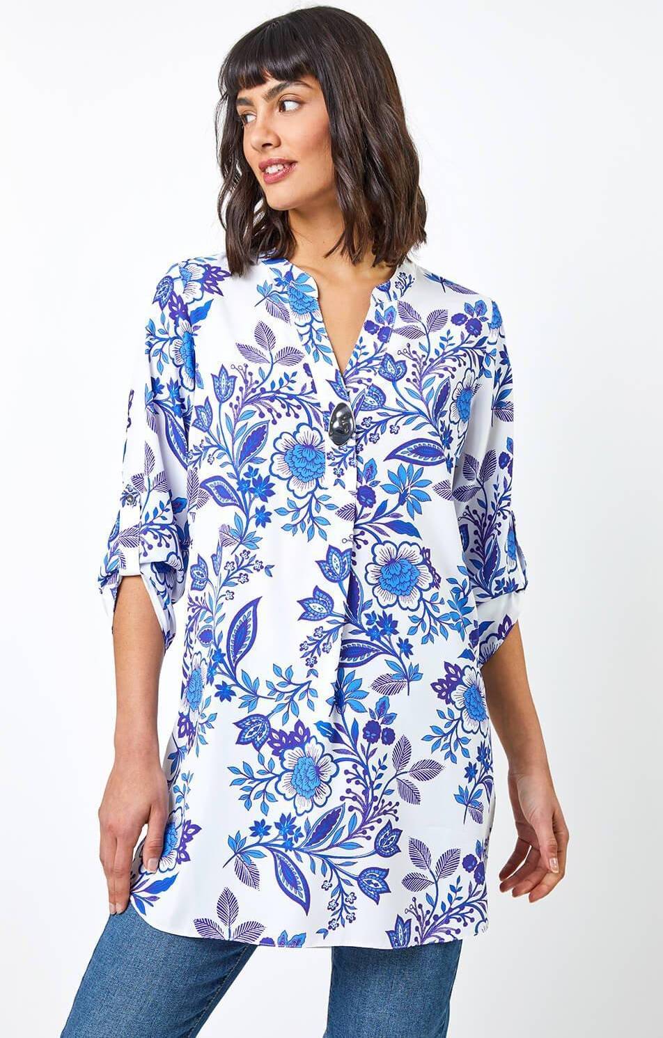 Roman Floral Print Notch Neck Blouse • Find prices