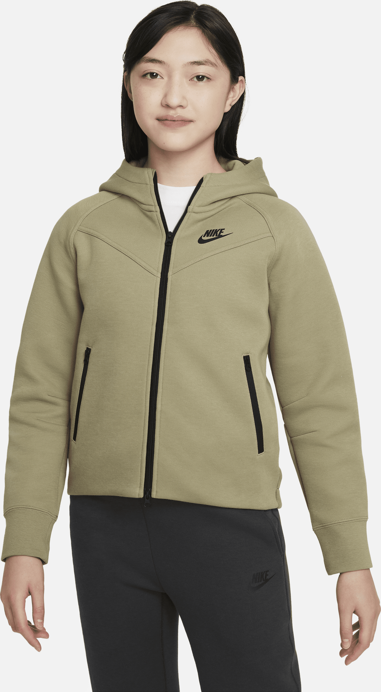 Nike Girls' Sportswear Tech Fleece Full-Zip Hoodie Neutral Olive/Black ...