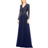 Mac Duggal Embellished Illusion V Neck Long Sleeve Gown - Navy