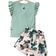 Shein Tween Girl Keyhole Neck Ruffle Trim Tee & Tropical Print Shorts