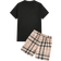 Shein Manfinity Hypemode Men's Checkered Bear Print Short Sleeve T-Shirt And Drawstring Waist Shorts Set