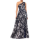 Betsy & Adam Gwen Long One Shoulder Wrap Foile Flower Dress - Navy/Gunmetal