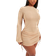 PrettyLittleThing Shape Sheer Mesh Long Sleeve Cut Out Back Ruched Bodycon Dress - Stone