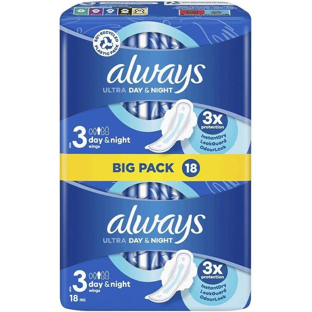 Always Ultra Sanitary Towels Day & Night (Size 3) Wings x18 Pads - Boots