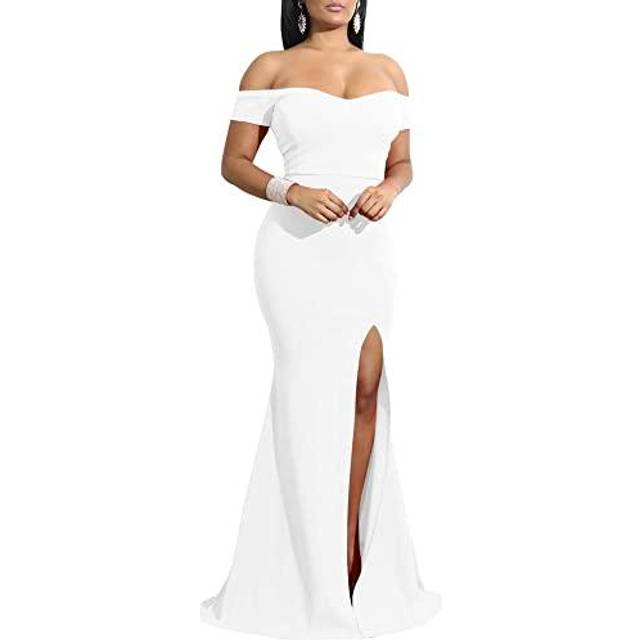 Ymduch Womens Off Shoulder High Split Evening Gown White • Price 9835