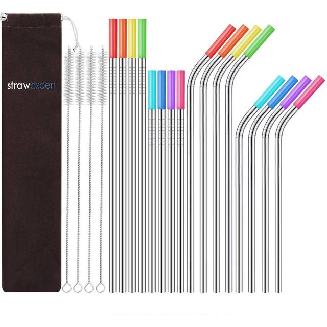 Senneny Set of 5 Stainless Steel Straws with Silicone Flex Tips Elbows  Cover, 2 Cleaning Brushes and 1 Portable Bag Included (Silver)- 8mm diameter